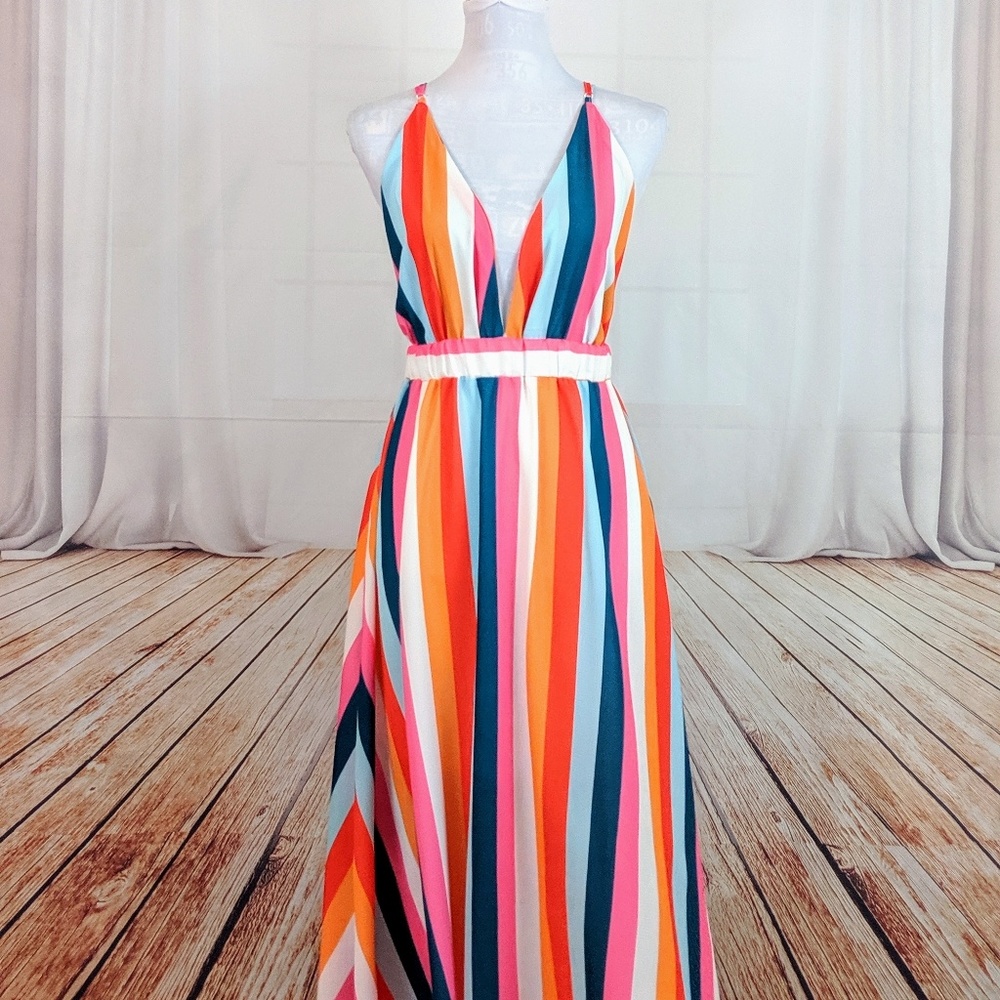 New Gorgeous Rainbow Striped V Plunge Maxi Dress - Picture 5 of 15